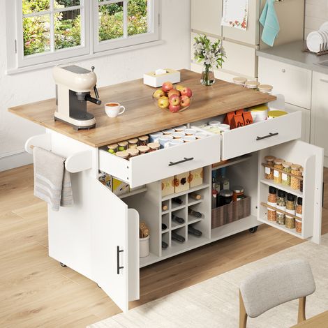 Isola cucina mobile 120x45x84 cm in legno ingegnerizzato bianca con piano ribaltabile - MEUBLIV (1/5)