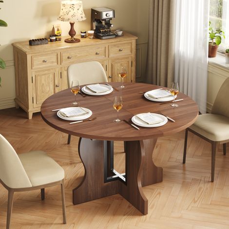 Table à manger ronde extensible 110-150 cm pour 4 à 8 personnes, Bords arrondis & rangement caché, Base en X anti-oscillation，Couleur noyer, Mondeer (1/5)