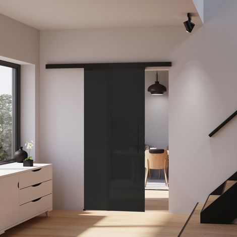 Tür Schiebetür Glas schwarz satiniert 900 x 2035 Zimmertür Glasschiebetür Glastür - Stabgriff + 2 seitiger Softclose