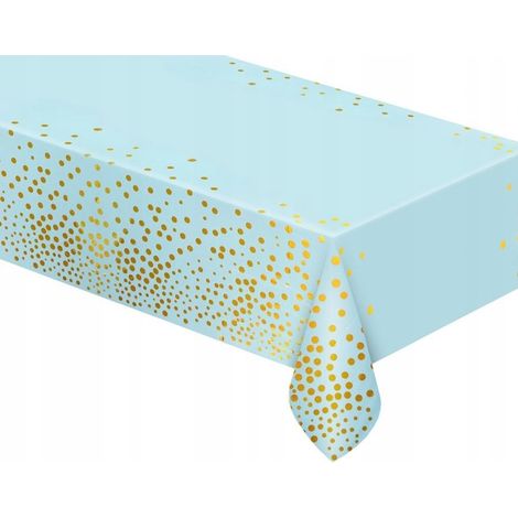 Nappe métallisée bleu ciel à pois dorés pour fête d'anniversaire 137 x 183 cm