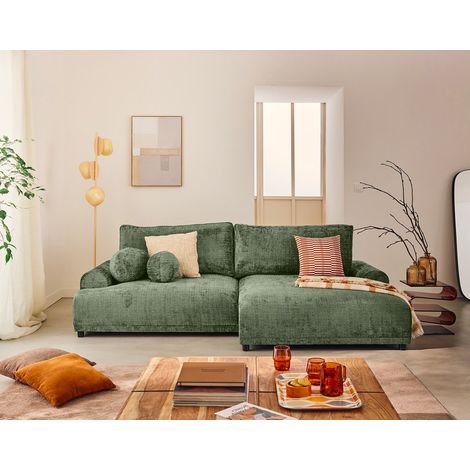 Lisa Design – Canapé d'angle droit 4 places convertible – Coffre de rangement – Velours texturé vert sauge – Dossier rabattable pour couchage occasionnel (1/5)