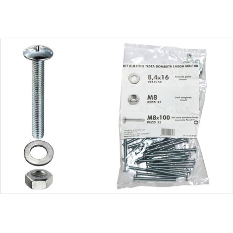 Kit viti testa bombata larga Ø 8 x 100 + dadi + rondelle - 100 pz.