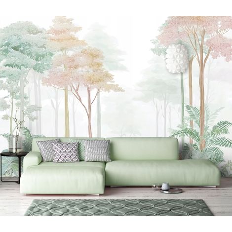 Fototapete Wald Bäume Pastell Grün, für Wohnzimmer und Schlafzimmer, 150 x 105 cm – Komplettset inkl. Kleister & Anleitung (1/5)