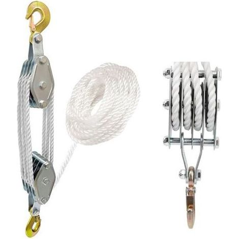 Système Poulie Levage avec Crochet Acier Galvanisé, Corde Nylon 20m, 2000kg Capacité Charge Palan Poulie, 2.5m Hauteur Levage Maximale Cordes Levage Manuel pour Soulever et Déplacer Charges Lourdes (1/5)