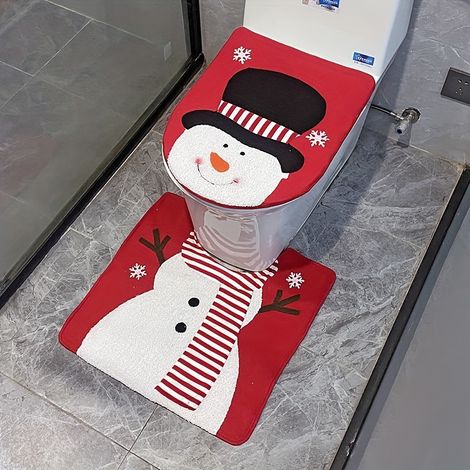 Ensemble de 2 pièces pour salle de bain de Noël : housse de siège de toilette, bonhomme de neige, Père Noël et nain, et tapis assorti (1/5)