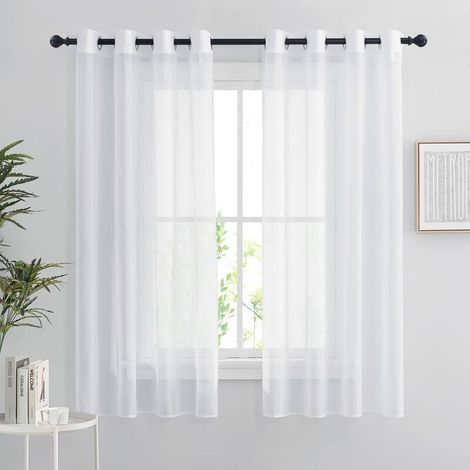 White Sheer Curtains - Set of 2 Short Curtains 140 x 160 cm Interior Decoration Bedroom Kitchen Organza Tulle with Transparent Eyelets Filtering, White, Set of 2 MUMU (1/4)
