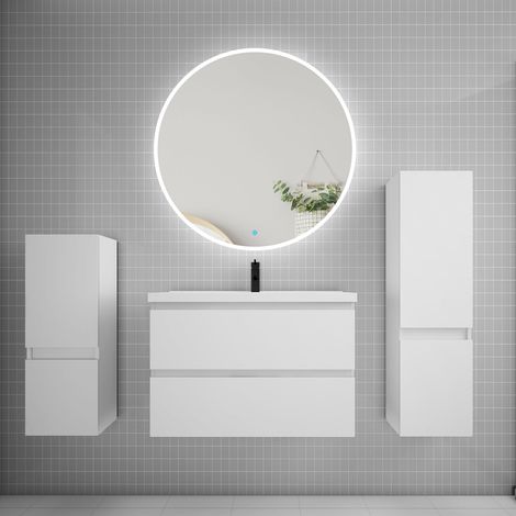 Ensemble meuble vasque L.79cm 2 tiroirs + lavabo + LED miroir rond 90cm + 2colonne,blanc