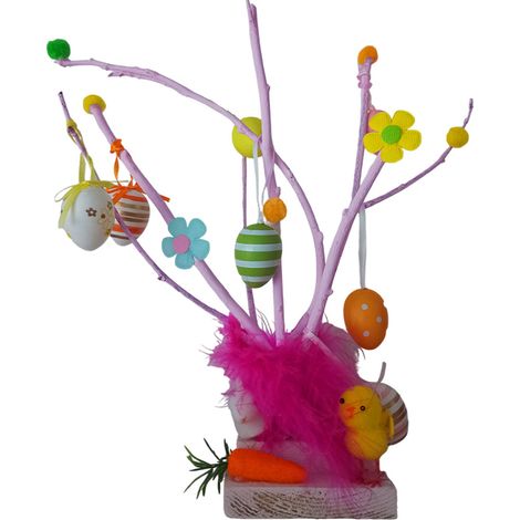 Albero di pasqua h35 rami con addobbi pasquali uova pulcini conigli decorazione casa in legno artigianale colorati - colorigenerali: ROSA