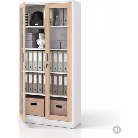 Armoire métallique avec vitrine, blanc, chêne sonoma, 900x1850x400 mm: AMELIA Eco Design