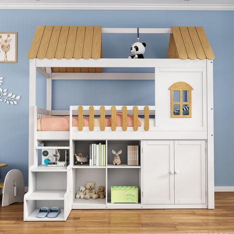Lit superposé enfant avec armoire et meuble à chaussures, cadre en bois, barrières, 90x200 cm, blanc + naturel, sans matelas (1/5)