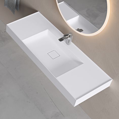 doporro Lavabo Suspendu avec Bonde Vasque à Poser Blanc Mat 120x46x12cm Lave Mains Rectangulaire avec Perçage de Robinet Colossum630