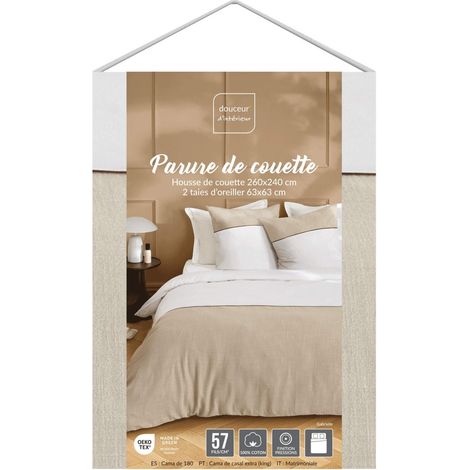 Douceur D'Intérieur – Parure de lit 3 pièces en coton 57 fils – Housse de couette 260x240cm avec fermeture pression – 2 taies d’oreiller – Certifiée Oeko-Tex (1/5)