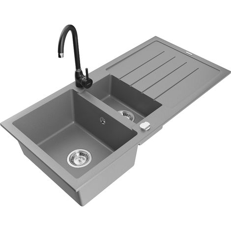 Mexen Andres fregadero de granito de 1,5 senos con escurridor y grifo de cocina Telma, gris - 6515-71-670200-70 (1/5)