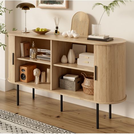 Buffet 140x40x78 cm naturel en MDF avec porte coulissante à rideau et pieds en fer (1/5)
