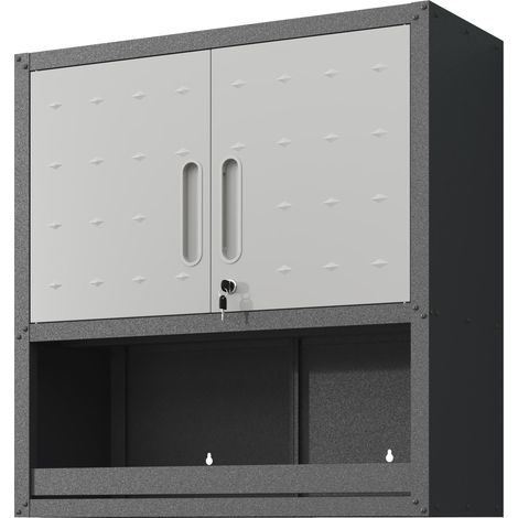 Armoire à outils murale en métal avec porte verrouillable, 1 étagère et 1 tiroir ouvert – 75 × 77 × 30 cm, grise, pour garage, entrepôt, bureau (assemblage requis)