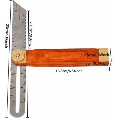 Outil de mesure de quincaillerie manche en bois rouge équerre mobile (1/3)