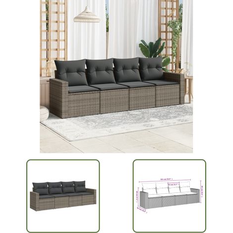 The Living Store Salon de jardin 4 pcs avec coussins gris résine tressée - Salon De Jardin - Canapé Extérieur - Meuble De Jardin - Set Salon De Jardin - Résine Tressée