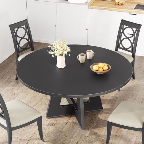 Table à Manger Ronde 120 cm en MDF Épais, Plateau Renforcé 3 cm, Pieds Réglables, Design Antique Bois Noir (1/5)