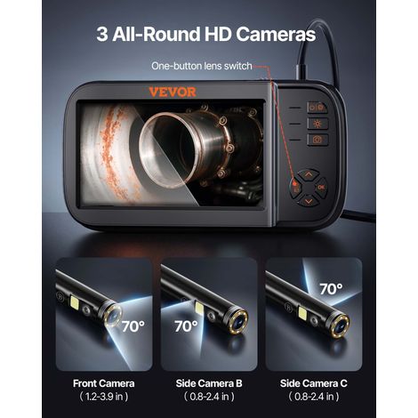 Caméra Endoscope à Triple Objectif Inspection Endoscopique à écran IPS 11,4 cm Objectif 1080p Cable Serpent Semi-Rigide 5 m 8 Lumières Batterie 2860 mAh étanche IP67 pour Auto Vidange Canalisation (1/5)