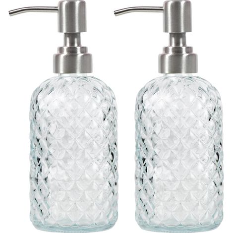 Lot de 2 - Distributeur de savon - Verre transparent - Pompe acier inoxydable 304 antirouille - Pour salle de bain et cuisine - Transparent - 18,5x7,1cm (1/4)