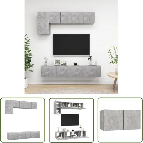 The Living Store Ensemble de meubles TV 5 pcs Gris béton Bois d'ingénierie - Meuble Tv Suspendu - Meuble Tv Gris - Ensemble Meuble Tv - Meuble Tv Moderne - Rangement Mural (1/5)