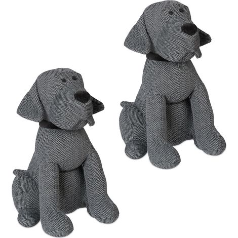 Relaxdays 2x Dog Doorstopper, Decorative Floor Bumper, for Inside, Sand-Filled Fabric Door Stop, 33 x 26 x 29.5 cm, Grey