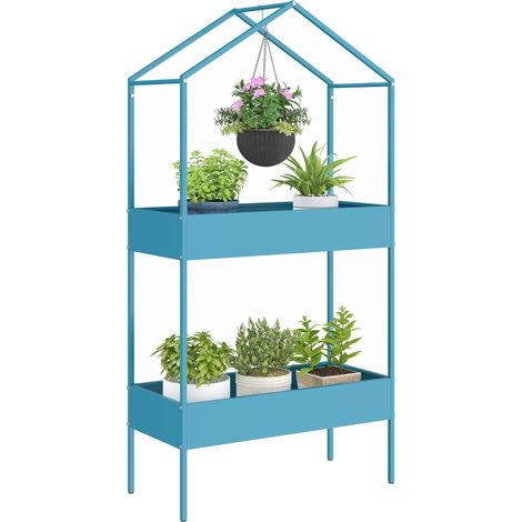 Étagère à Plantes 2 Niveaux avec Crochet pour Balcon Bleu-Vert (1/5)