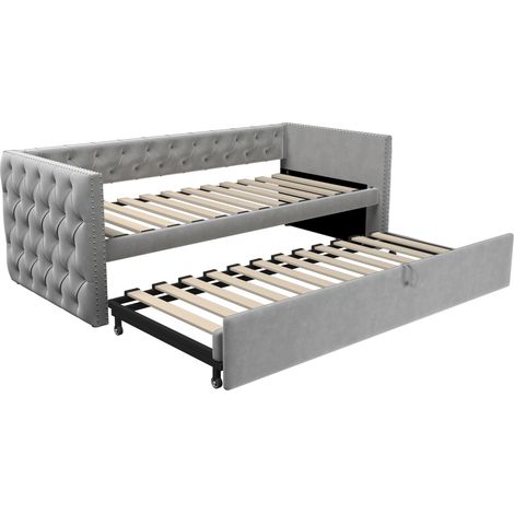 Cama de día extensible tapizada 90 x 200 cm con somier de láminas en terciopelo gris claro HOMVRA (1/5)