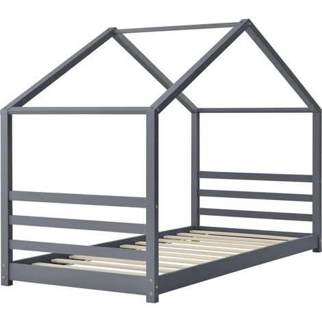 Cama infantil House Cabin con somier de láminas de madera de pino gris oscuro 90 x 200 cm 030005501