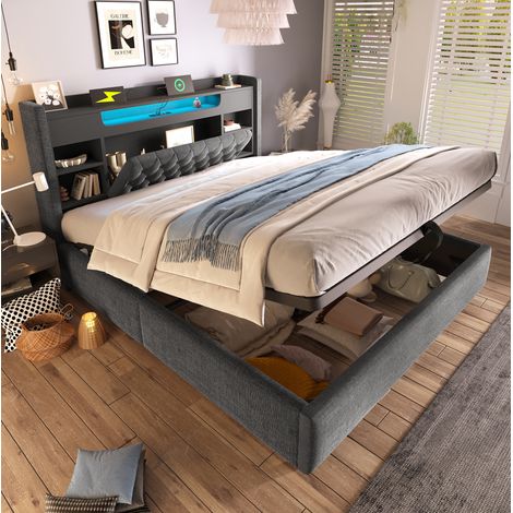 Lit coffre 140 × 190 cm avec rangement hydraulique, tête de lit avec étagère, LED intégrée, ports USB et USB-C, tissu lin gris (1/5)