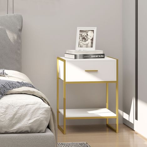 Table Chevet Tiroir Étagère Rangement Chambre Salon Lit Bureau Style Moderne Mobilier Intérieur Blanc 45x40x60cm