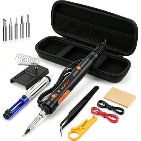 Kit de fer à souder 150 W, fer à souder LCD, température réglable de 180 à 520 °C, kit de soudure avec 5 pointes à souder, pompe à dessouder, support, pince à épiler pour travaux électriques (1/5)