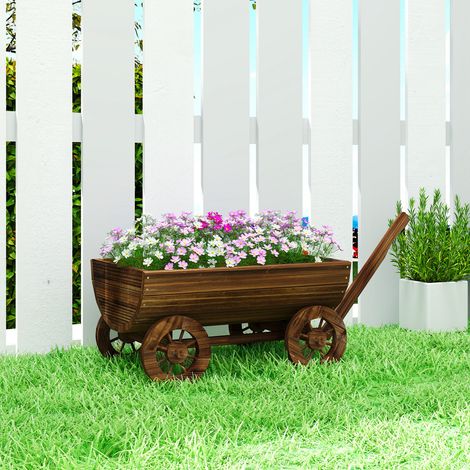 Carbonisé 115x40x54,5 cm - Chariot en bois doté de 4 roues et poignée, pot extérieur avec trou de drainage