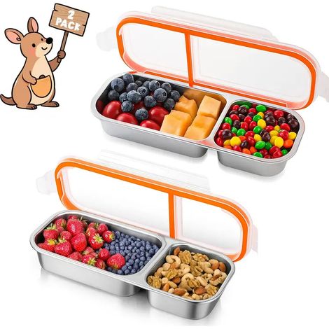 Compartment Snack Box with Lid Stainless Steel Refrigerator Storage Reusable for Picnics 2pcs 2 (1/5)