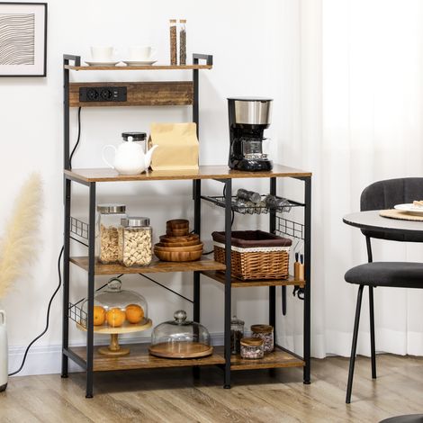 Küchenregal mit Steckdosenleiste, Mikrowellenschrank mit Regalböden und Drahtkorb im Industriestil, 90 x 42 x 130 cm, Braun