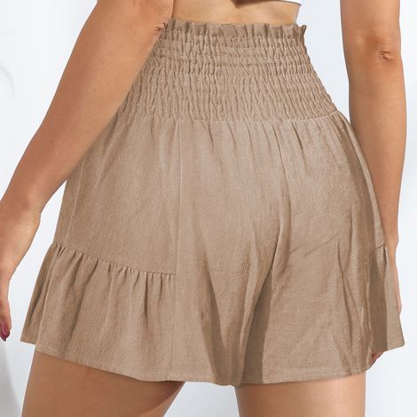 Short femme élégant et décontracté à taille froncée et volants, couleur unie, nœud papillon sur le devant, idéal pour le bureau, couleur abricot, taille L. (1/2)