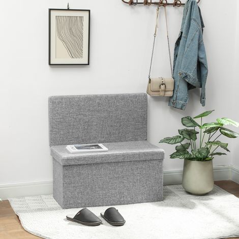 Gris - Banc pliant de rangement pour chambre avec dossier, repose-pieds en tissu effet lin avec compartiment 77L et le salon, 76x50x73 cm