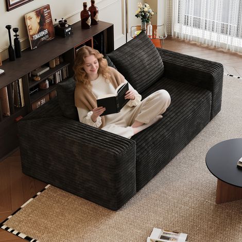 Canapé modulable 3 places en velours côtelé, canapé de salon compact sans montage avec assise moelleuse pour chambre Noir, 180 x 90 x 83 cm (1/5)