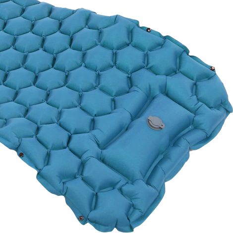 Matelas de camping gonflable bleu paon avec repose-pieds intégré pour tente, randonnée et voyages. (1/5)