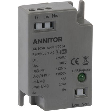 Parafoudre miniature T2+T3 traversant à bornier 2 pôles 10kA