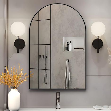 Cassilando – Miroir mural arqué 75 x 50 cm – Cadre en métal noir – Miroir flotté incassable à 6 couches – Pour salle de bain, salon, entrée (1/5)