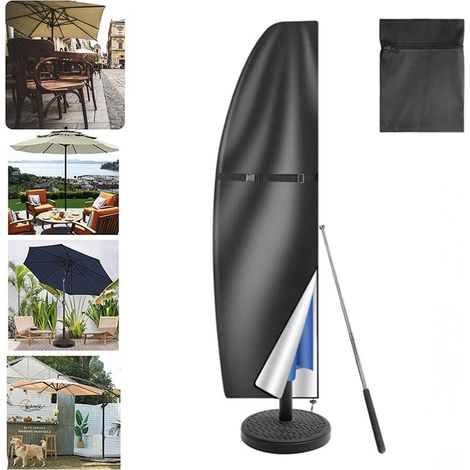 Housse de parasol - Housse imperméable - Housse pour parasol suspendu - 205 cm - Housse de parasol imperméable - Sac de rangement inclus - Noir - Tissu Oxford - Fermeture éclair et mât inclus (1/5)