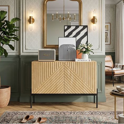 Creahappy Buffet Haut 2 Portes 100x40x75 cm - Optimisation de l'Espace avec Étagère Réglable - Lignes Géométriques Chêne et Métal Noir (1/5)