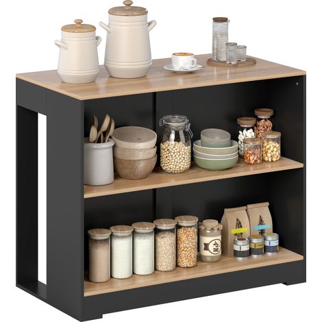 Bancone Bar Isola da Cucina con 3 Ripiani per Soggiorno e Salotto, 113x60x90 cm, Nero e Legno (1/5)