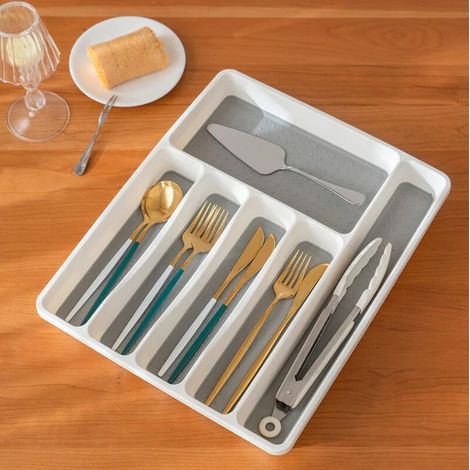 Range-couverts en matière plastique 6 compartiments Rangement tiroir Cuisine 5 x 33 x 41 cm, couche antidérapante, blanc/ anthracite (1/2)