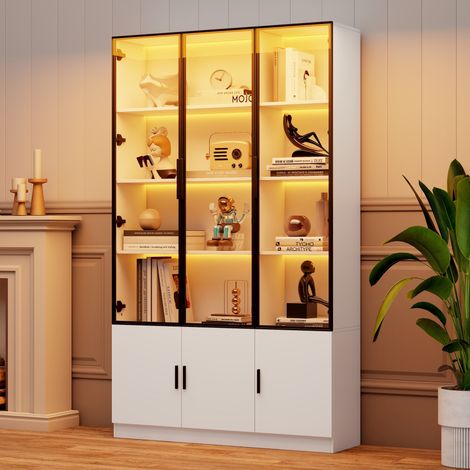 Vitrine 120x32x200 cm, vitrine sur pied à 6 portes, meuble haut,avec LED,meuble de salon de 120 cm de large,meuble multifonctionnel,grand meuble,blanc (1/5)