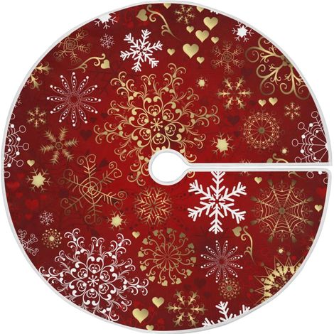 Jupe Pour Arbre De Noël - En Toile de Jute Rouge avec Motifs Flocons de Neige et Cœurs - Pour Arbre de 120 cm - Diamètre 91 cm (1/5)