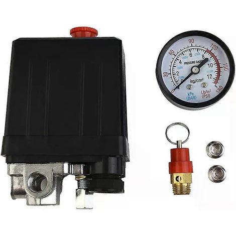 Régulateur de pression de compresseur d'air 4 ports 175 psi avec soupape de sécurité et bouchons d'obturation pour interrupteur de compresseur d'air pneumatique (1/5)