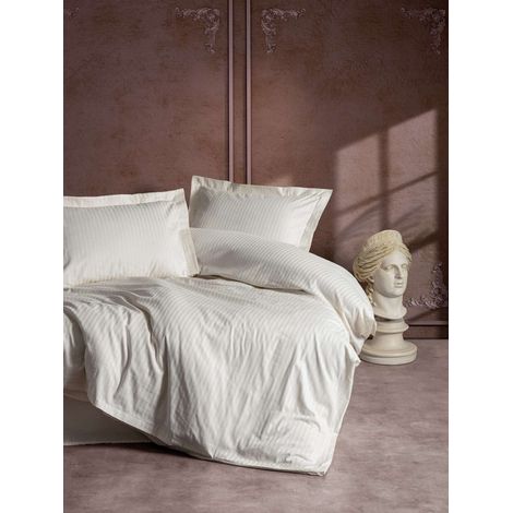 Parure de lit - 1 housse de couette 140 x 200 cm + 1 taie d'oreiller 60 x 60 cm - Satin - Imprimé rayé écru (1/3)