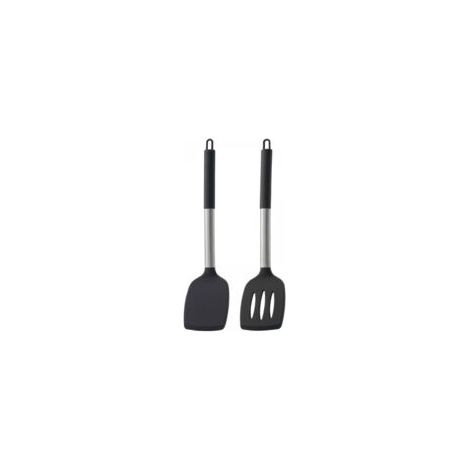 Ensemble de Deux Ustensiles de Cuisine en Silicone - EINNENFFER - Spatule pour Wok et Spatule à Friture avec Manches en Acier Inoxydable, Sécurisés et Faciles à Nettoyer
